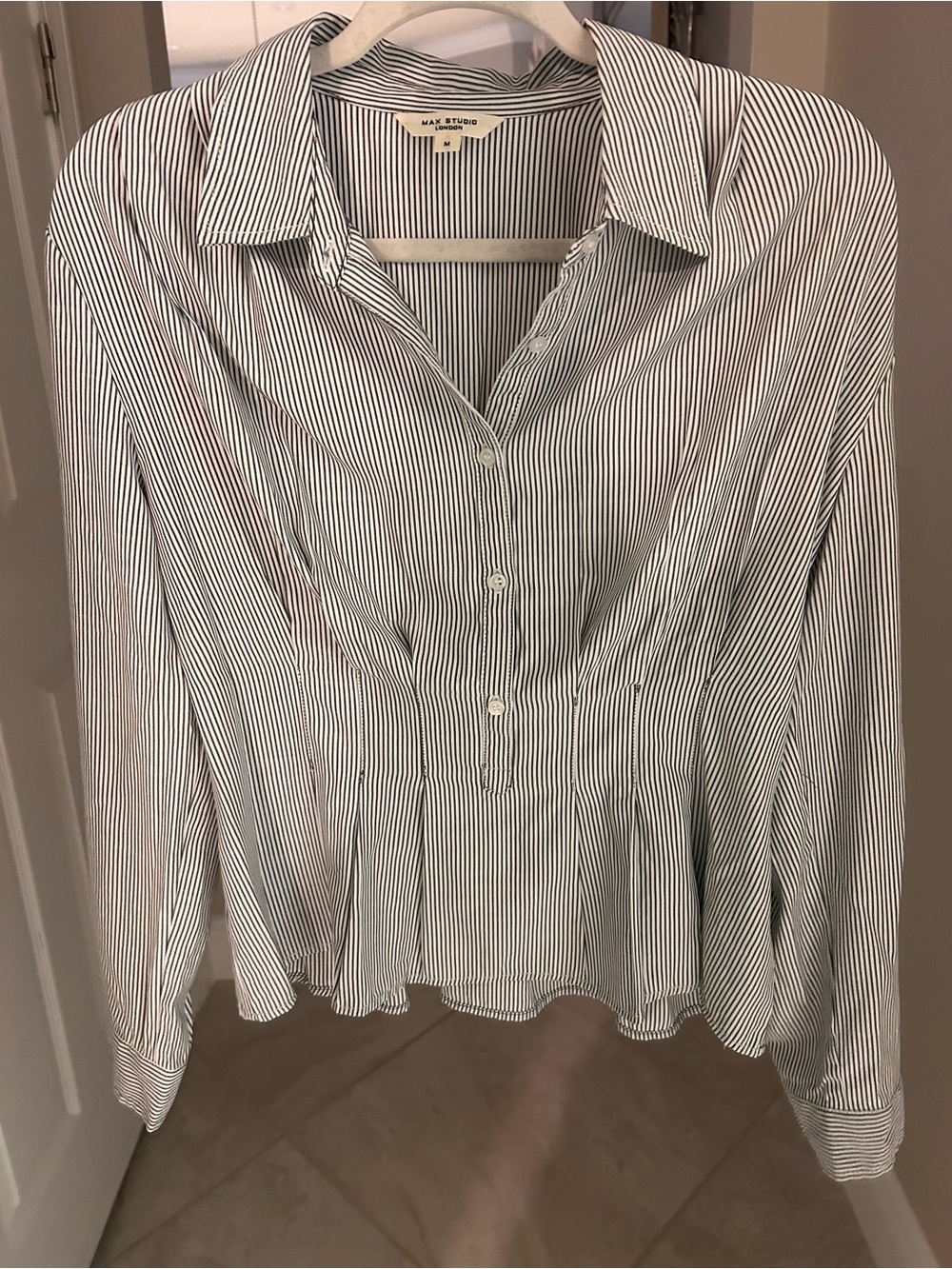 MAX STUDIO LONDON Striped Pleated Waist Button Down Shirt Blouse Office Boho M